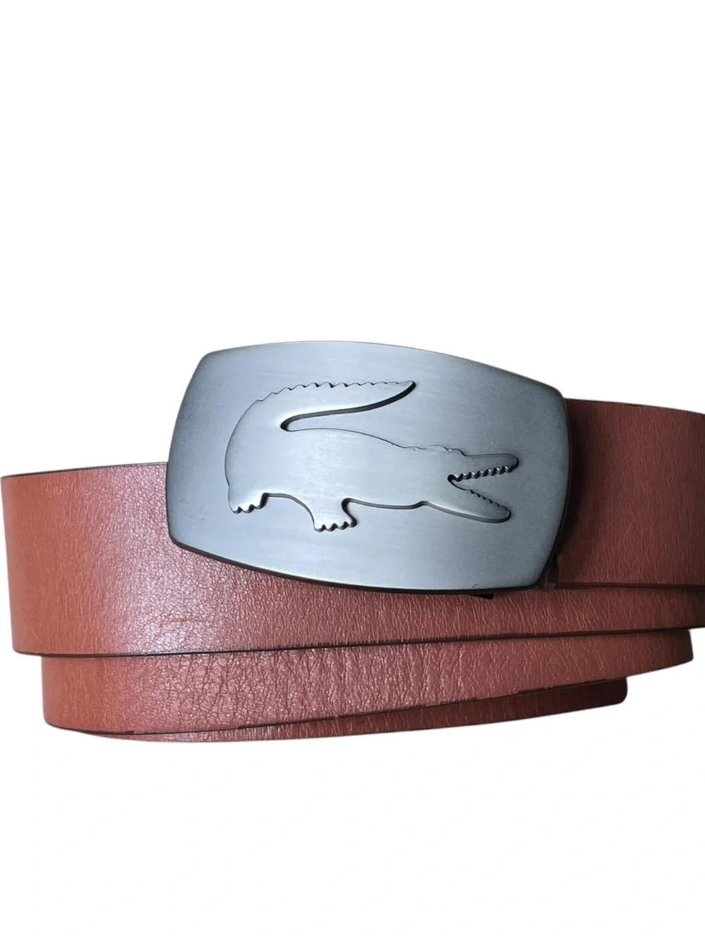 Lacoste Men’s Leather Debossed Logo Wide Brown Belt Sz 38 Large Buckle Alligator